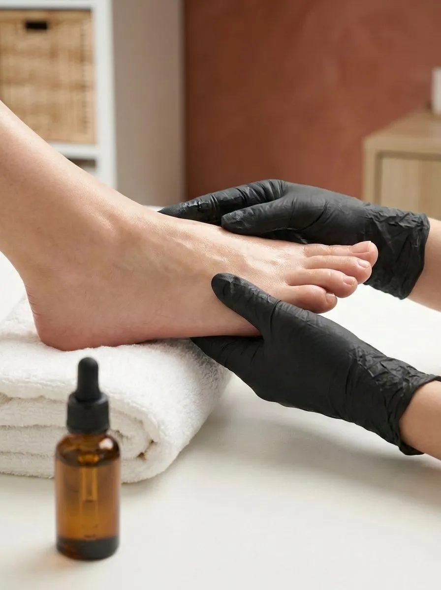Handen in zwarte handschoenen verzorgen een voet op een witte handdoek, met een flesje olie ernaast